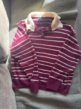Lioness Maroon and Cream Striped V-Neck Sweater